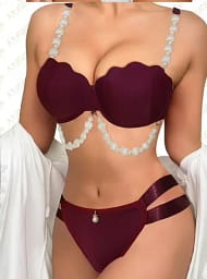 Bridal lingerie set featuring pearl-detailed bra and matching lace underwear, perfect for weddings or romantic occasions.