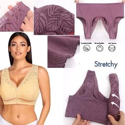 A collage of images of a front-zip wireless bra.