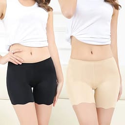 A stack of four ribbed lounge shorts with scalloped hems.