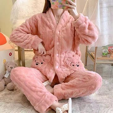 MSK Furry Winter Night Dress PJ - Plush Button-Up Jacket and Trousers