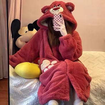 MSK Furry Winter Pajama Set - Bear Hoodie Long Robe and Pants