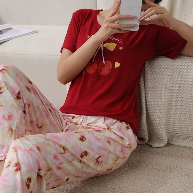 Summer Cotton Night Dress Casual PJ Suit Floral Trouser Summer Cotton Night Dress Casual PJ Suit Floral Trouser
