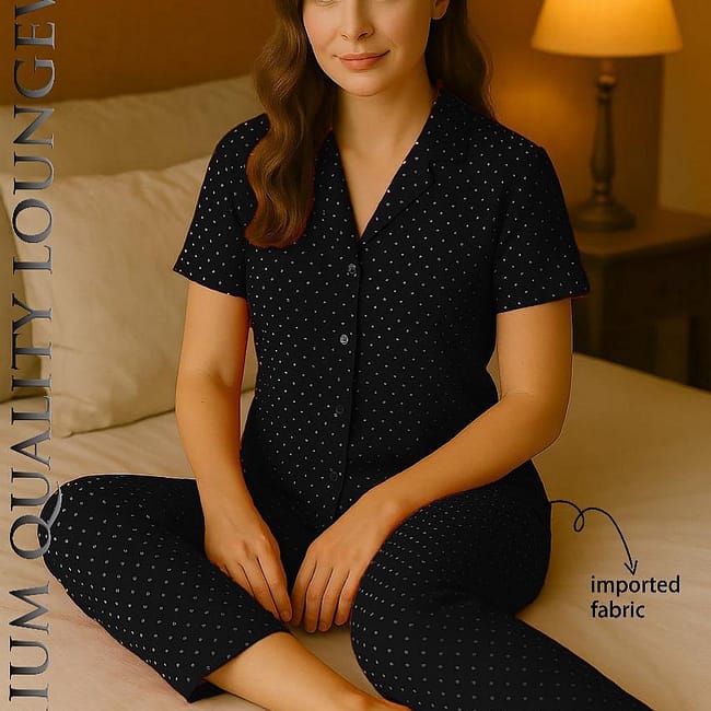 Polka Dot Summer Lawn Night Suit PJ black Polka Dot Summer Lawn Night Suit PJ black